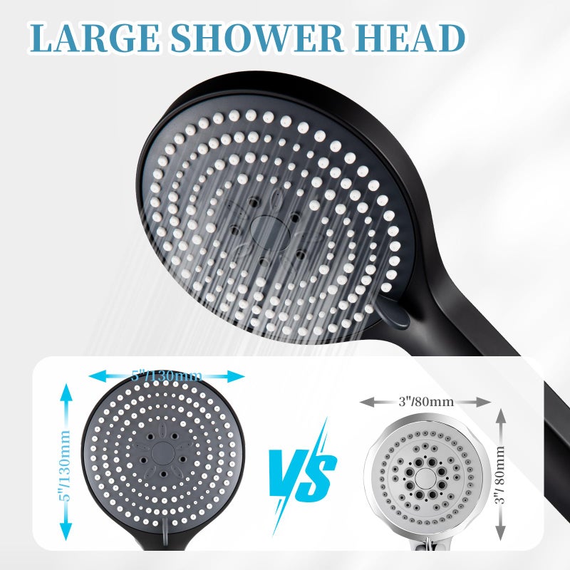 OFFO Matte Black Handheld Shower Head, 6-Mode High Pressure, 5"" Large Face, Chrome Plated Finish, Includes Shower Head, Washers, Water Saving Gasket - Image 2